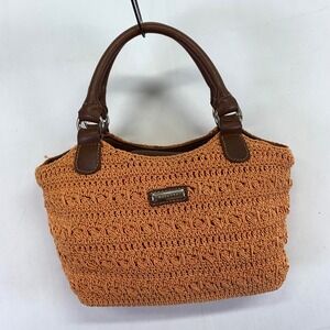 Rosetti Orange Woven Satchel Bag Purse Brown Faux Leather Handle Small